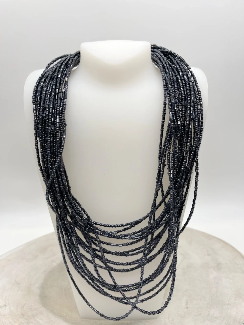 Multi Strand Black Seed Gunmetal Blue Necklace Layered Bib Statement Boho